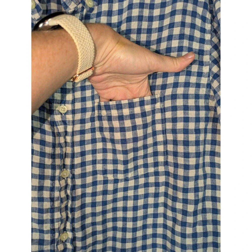 Banana Republic Button Down XL Men's Blue White Gingham 100% Linen Short Sleeve
